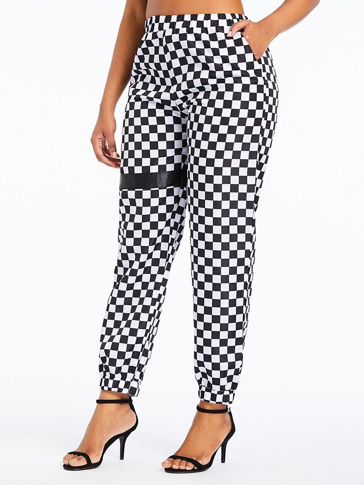 Kvinner Plaid Loose Print Full Length Overall Casual Bukser