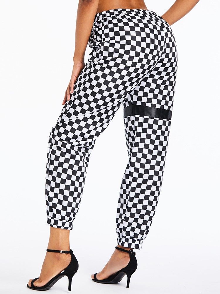 Kvinner Plaid Loose Print Full Length Overall Casual Bukser