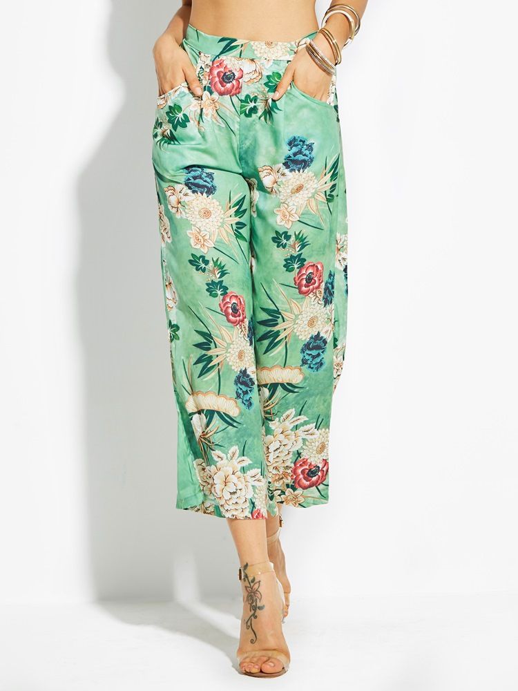 Loose Flower Print Wide Legs Bukser For Kvinner