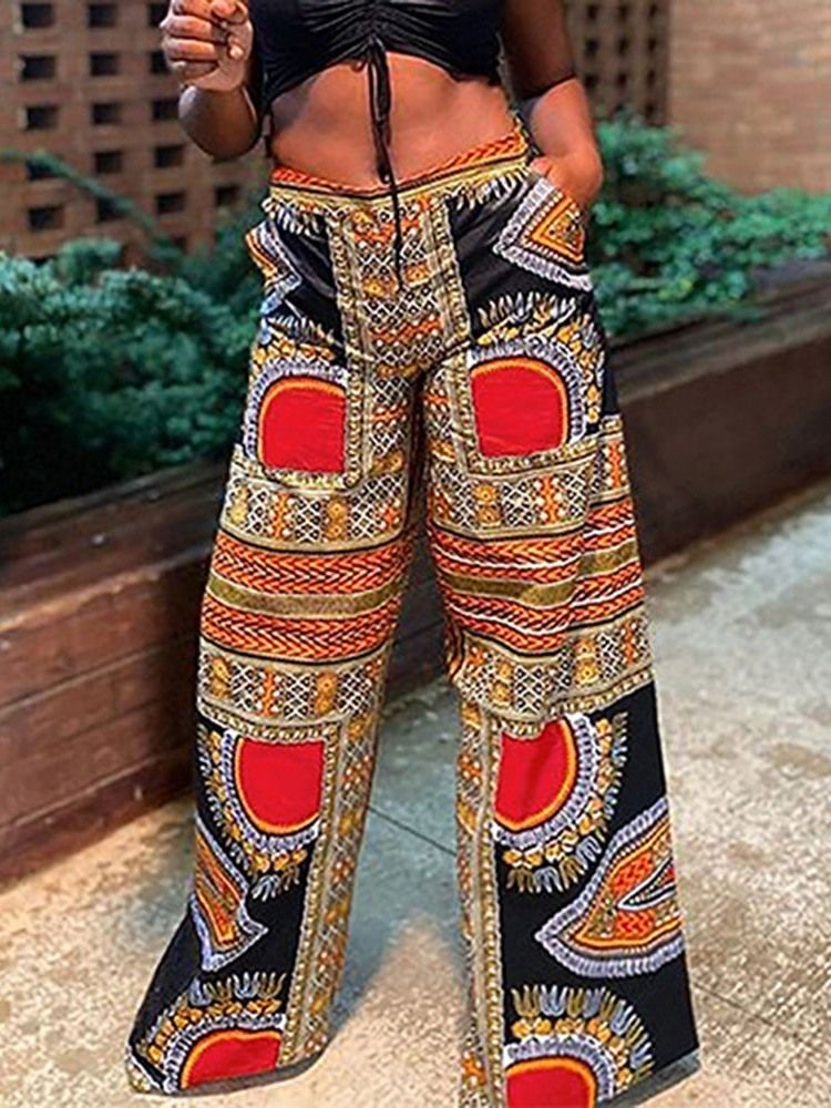 Loose Geometric Patchwork Wide Legs High Waist Casual Dame Bukser