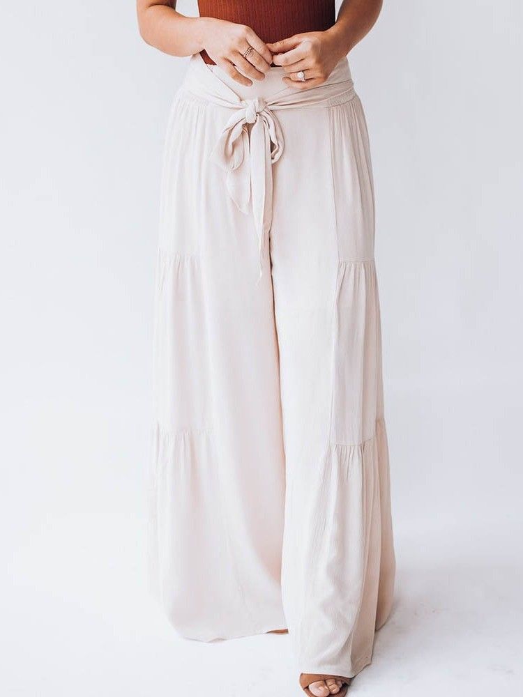 Loose Lace-up Plain Wide Legs Full Length Dame Pants