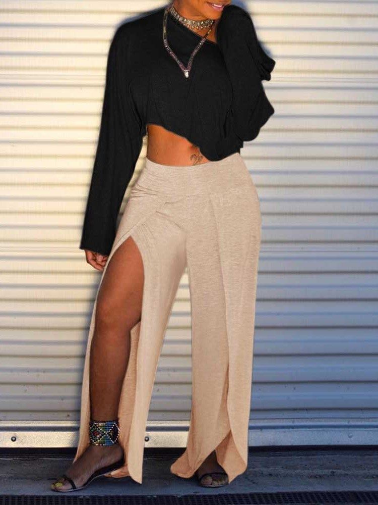 Loose Split Plain Wide Legs Full Length Casual Dame Pants