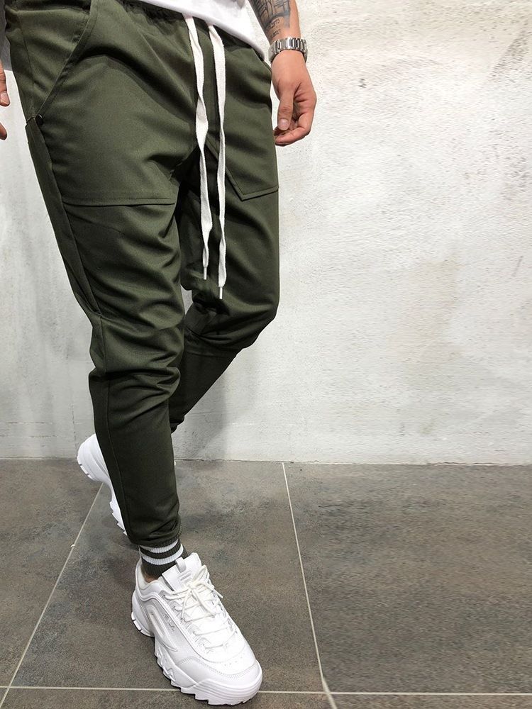 Olive Plain Lace Up Slim Mens Casual Sports Pencil Pants