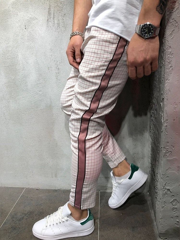 Patchwork Pencil Pants For Menn Plaid Fall Mid Waist Casual Bukser