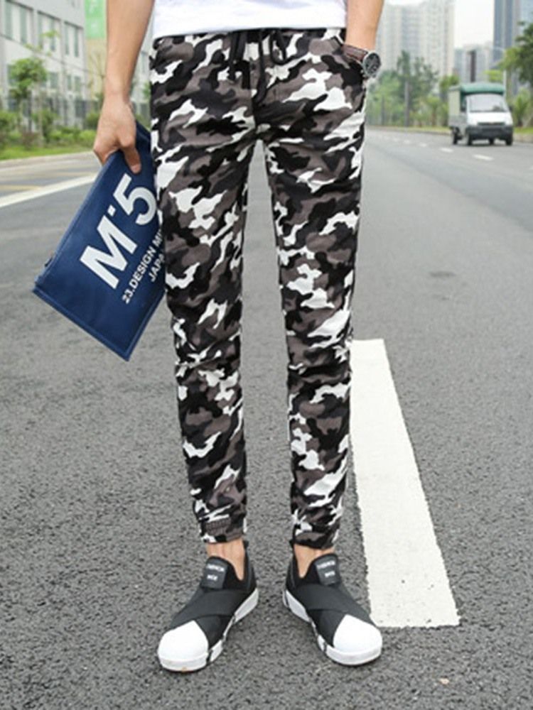 Pencil Print Camouflage Lace-up Casual Bukser For Menn