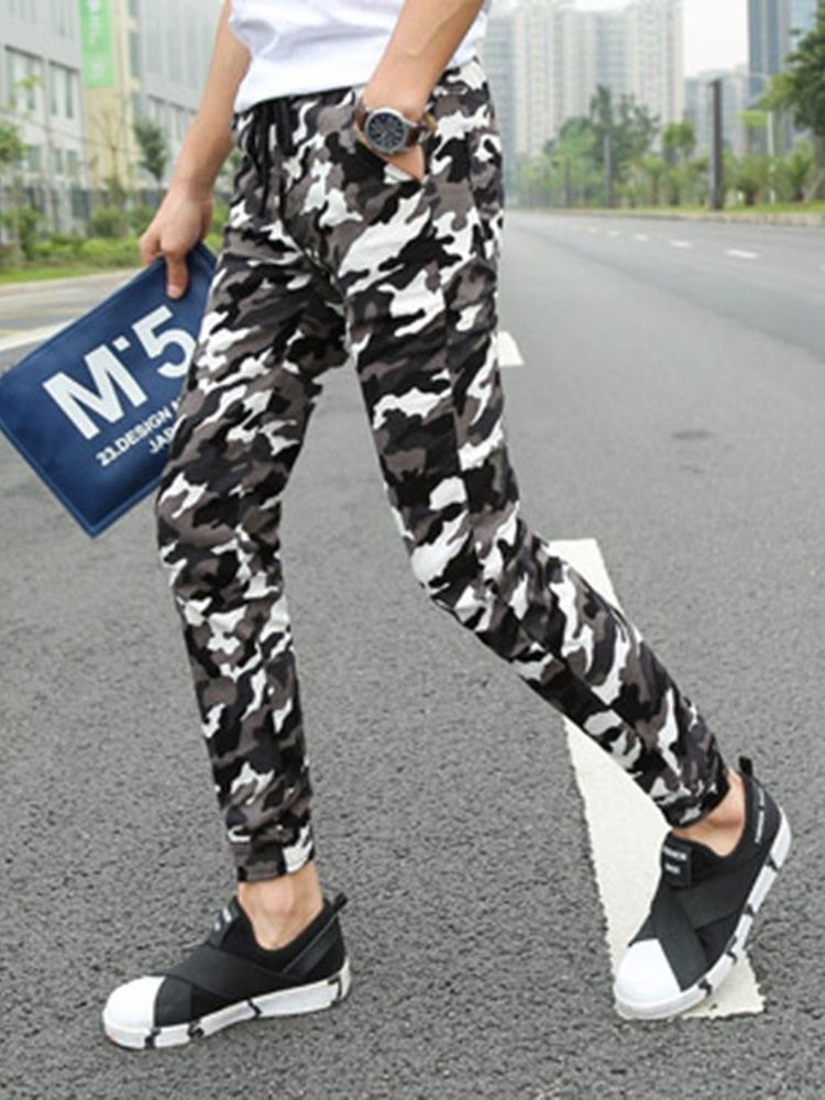 Pencil Print Camouflage Lace-up Casual Bukser For Menn