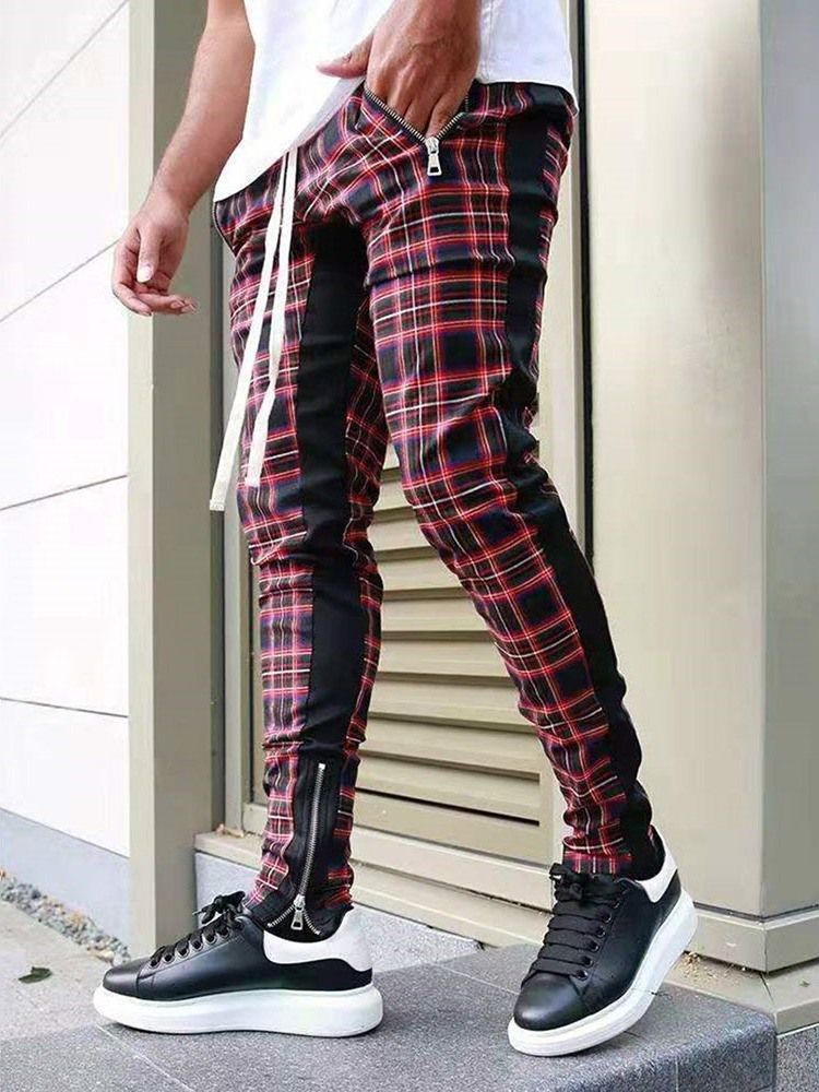 Pencil Zipper Plaid Lace-up Casual Bukser For Menn