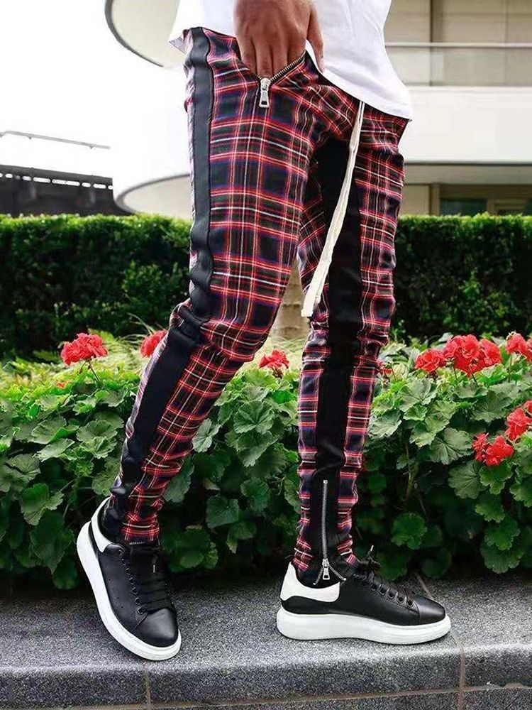 Pencil Zipper Plaid Lace-up Casual Bukser For Menn