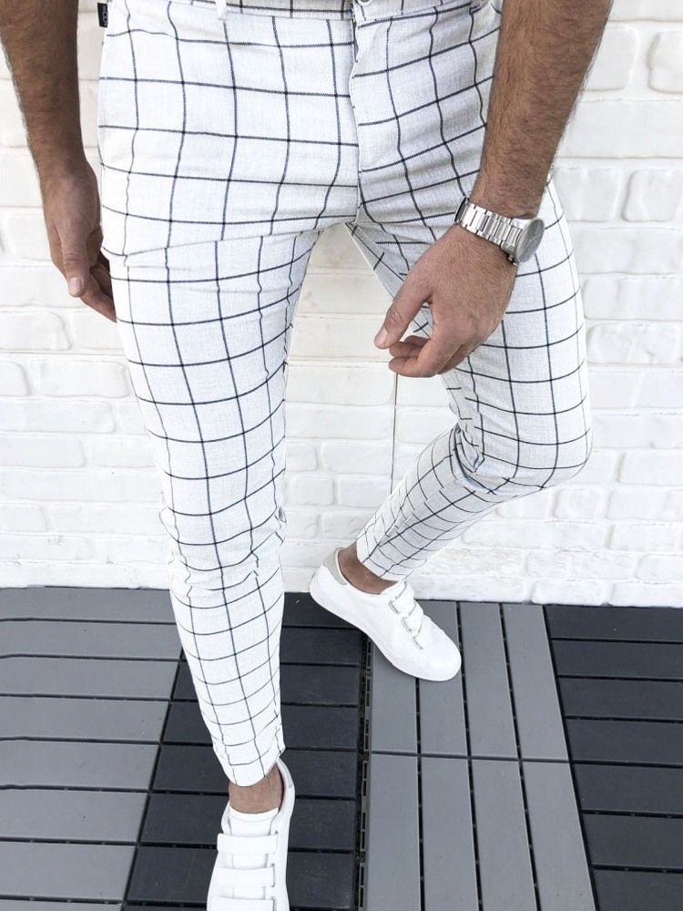 Plaid Pencil Pants For Menn Glidelås Four Seasons Casual Pants