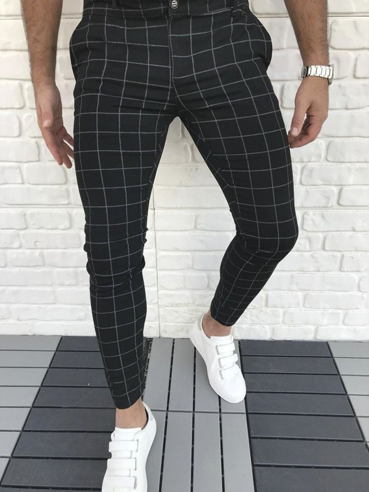 Plaid Pencil Pants For Menn Glidelås Four Seasons Casual Pants