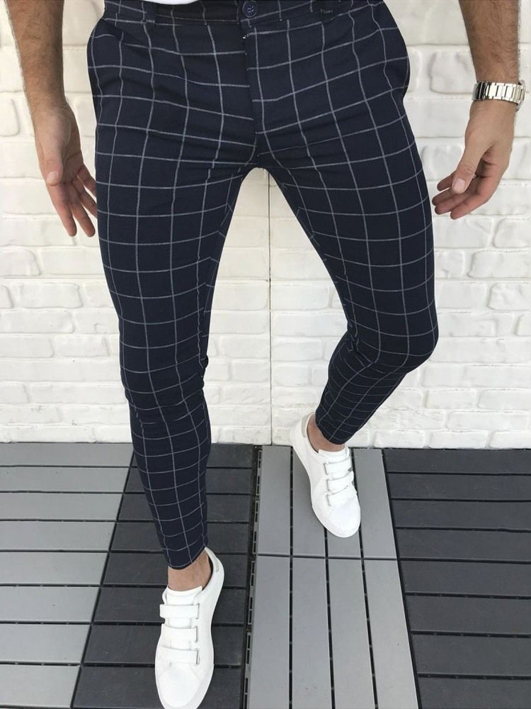 Plaid Pencil Pants For Menn Glidelås Four Seasons Casual Pants