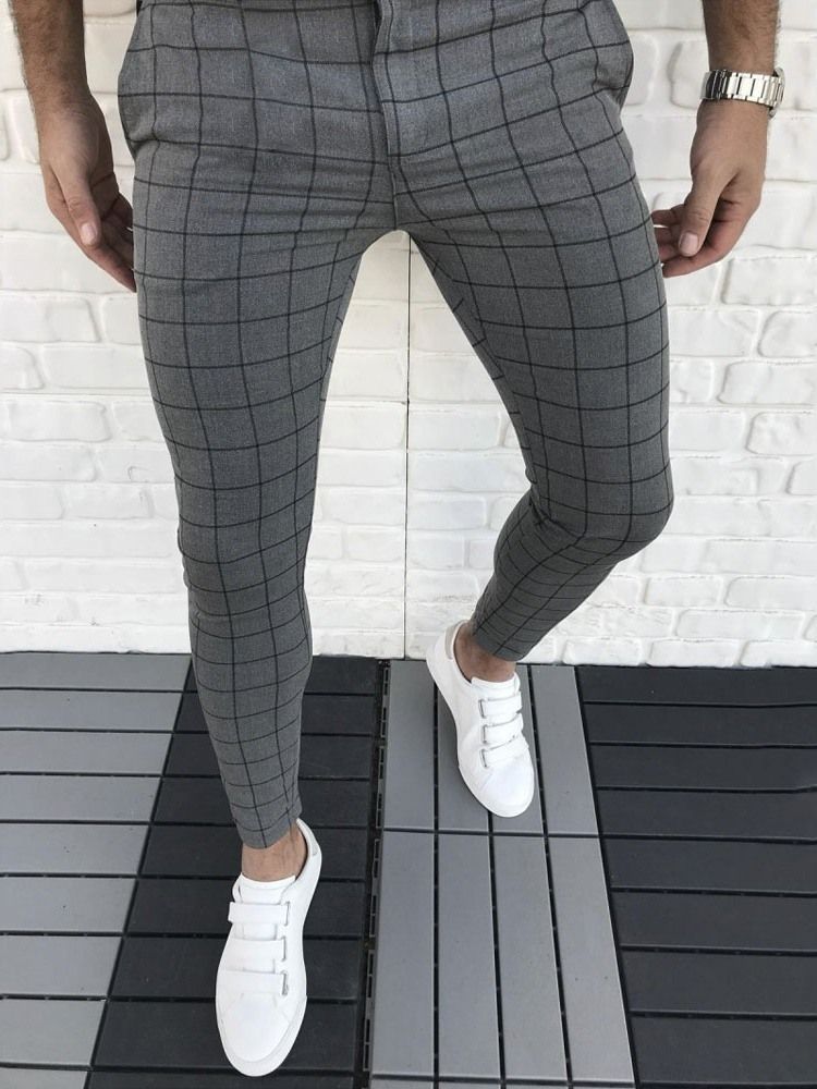 Plaid Pencil Pants For Menn Glidelås Four Seasons Casual Pants