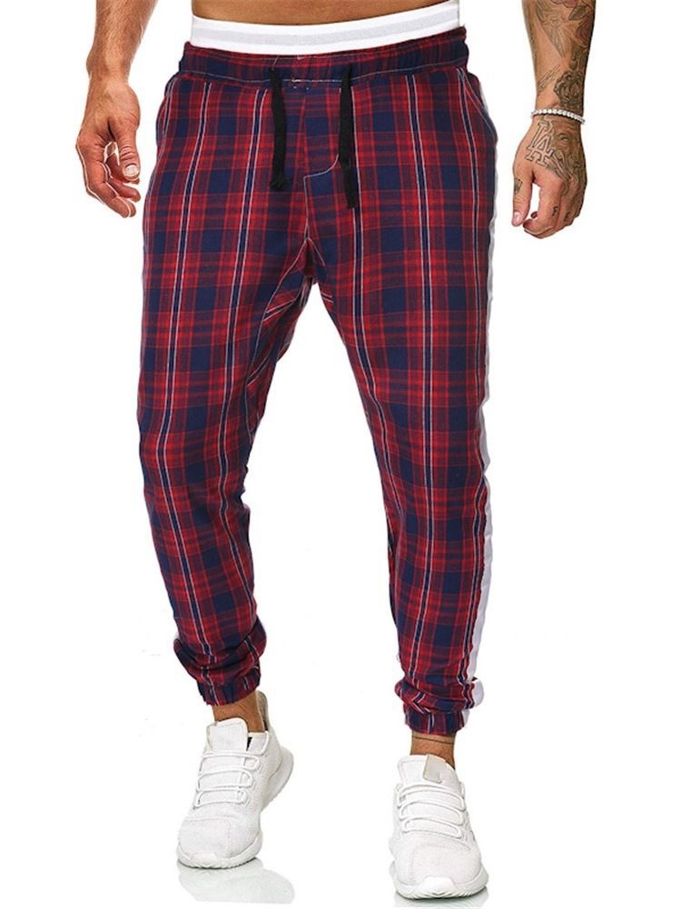 Plaid Print Mid Waist Casual Bukser For Menn