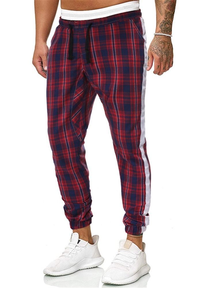 Plaid Print Mid Waist Casual Bukser For Menn