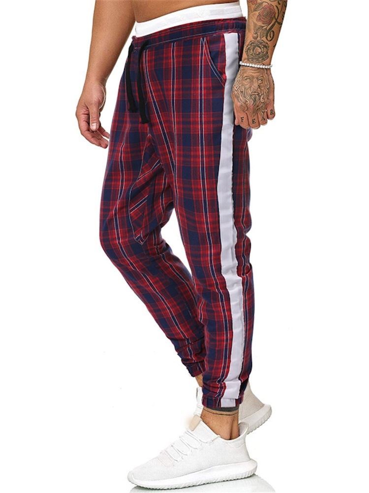 Plaid Print Mid Waist Casual Bukser For Menn