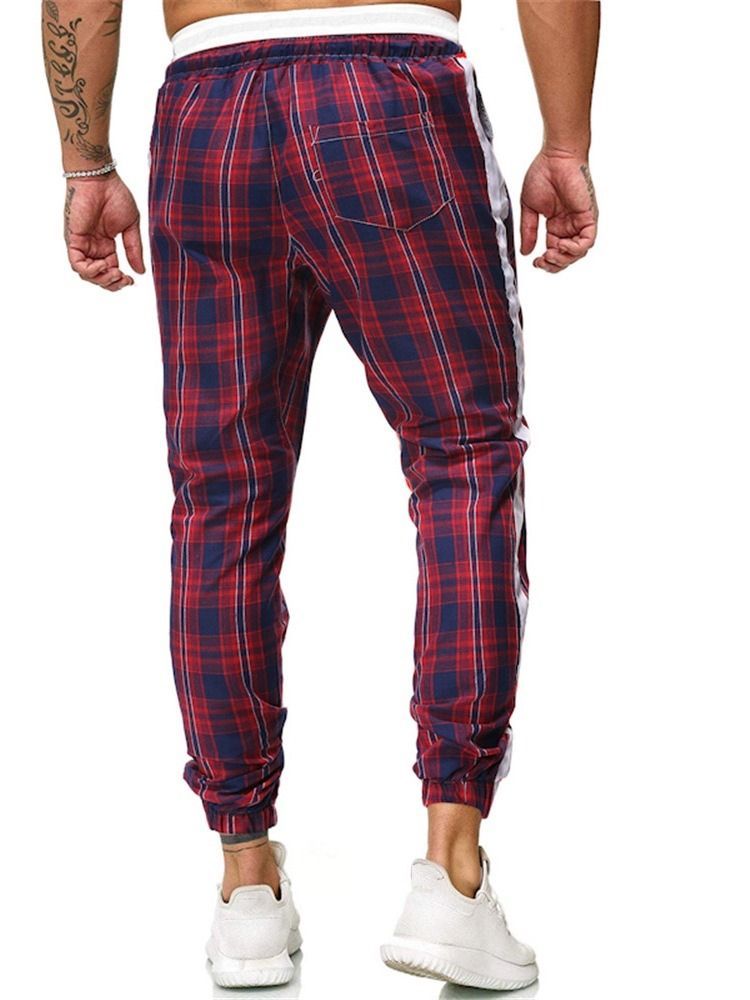 Plaid Print Mid Waist Casual Bukser For Menn