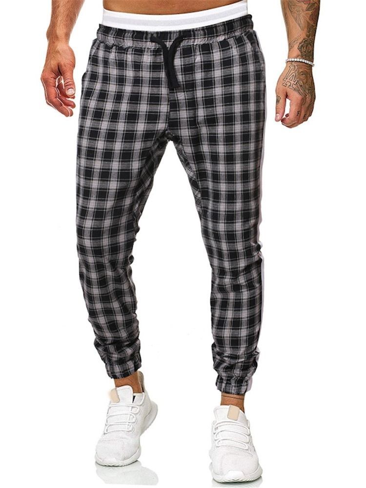 Plaid Print Mid Waist Casual Bukser For Menn