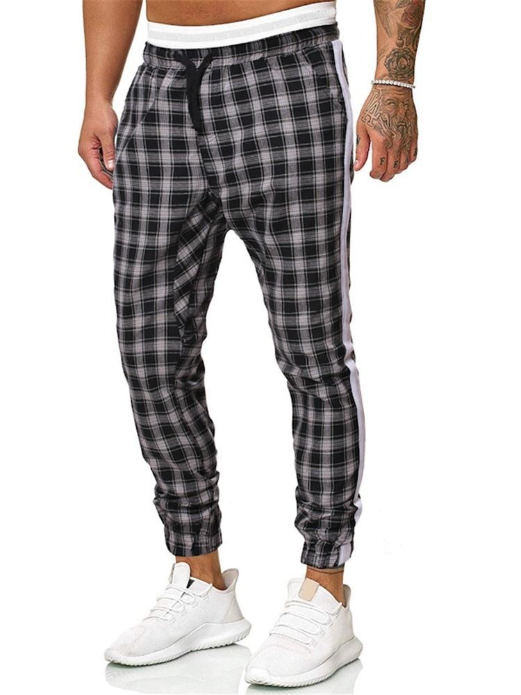 Plaid Print Mid Waist Casual Bukser For Menn