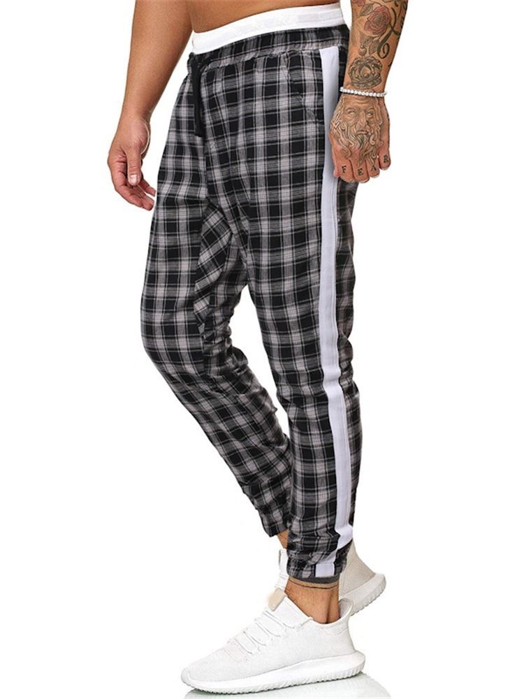 Plaid Print Mid Waist Casual Bukser For Menn