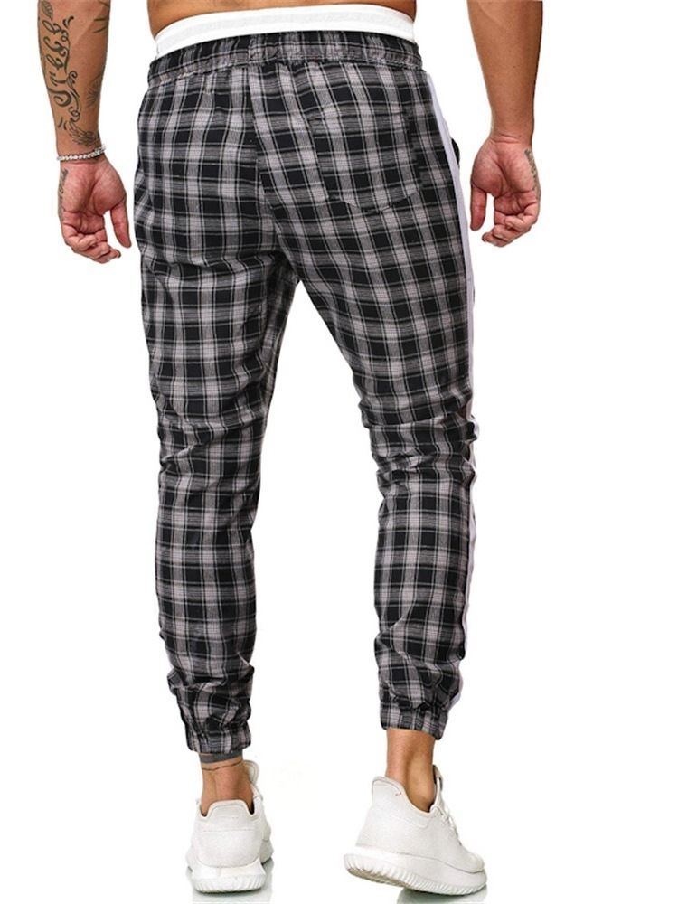 Plaid Print Mid Waist Casual Bukser For Menn