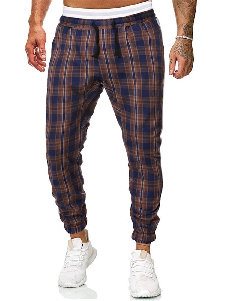 Plaid Print Mid Waist Casual Bukser For Menn