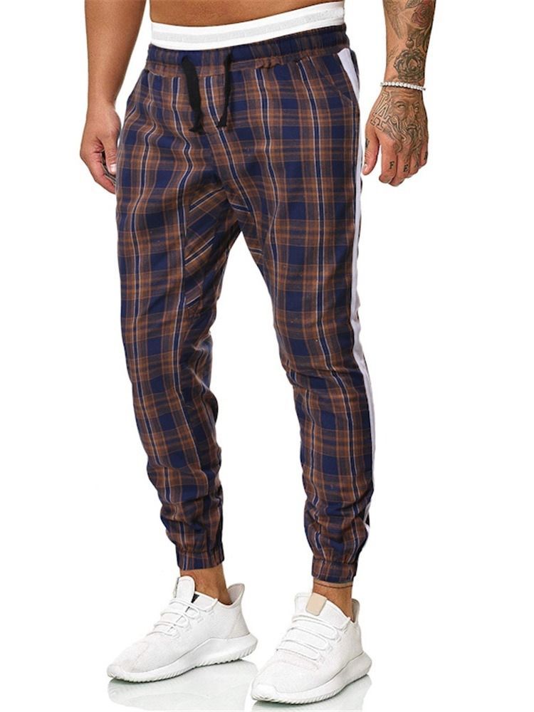 Plaid Print Mid Waist Casual Bukser For Menn