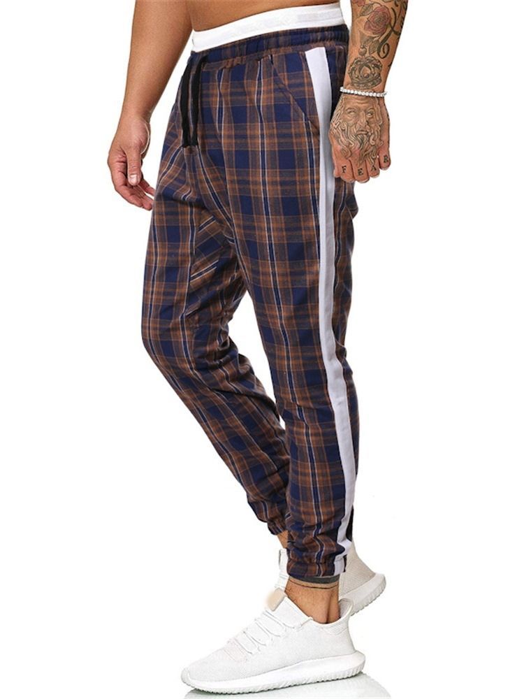 Plaid Print Mid Waist Casual Bukser For Menn