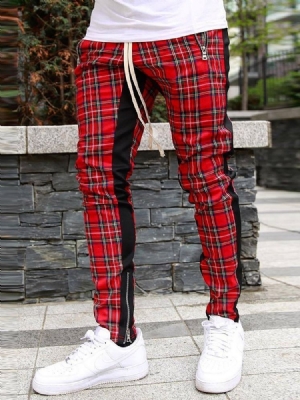 Plaid Zipper Hip Hop Lace-up Menns Casual Bukser