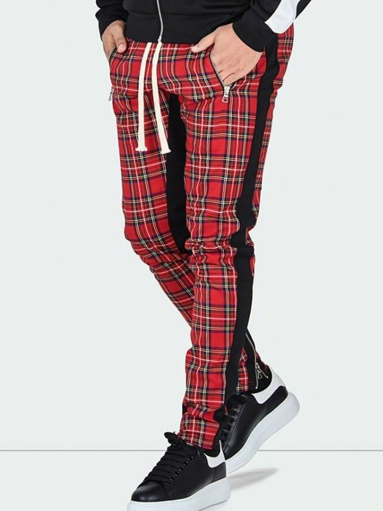 Plaid Zipper Hip Hop Lace-up Menns Casual Bukser