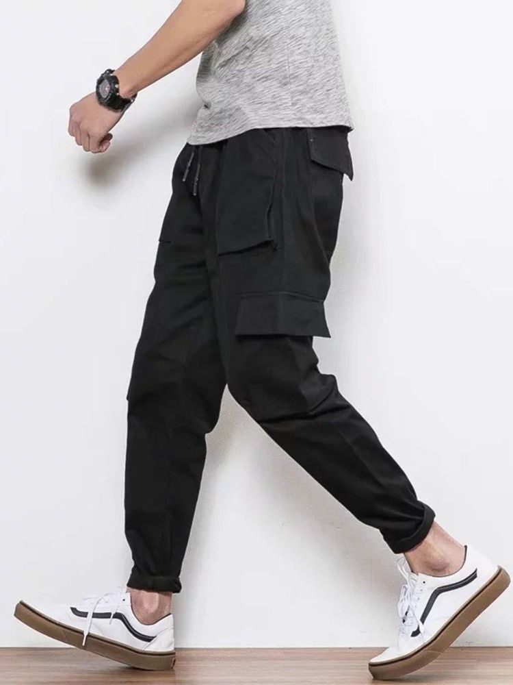 Plain Color Pocket Overall Lace-up Casual Bukser For Menn