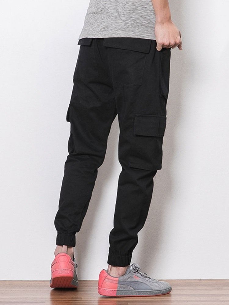 Plain Color Pocket Overall Lace-up Casual Bukser For Menn