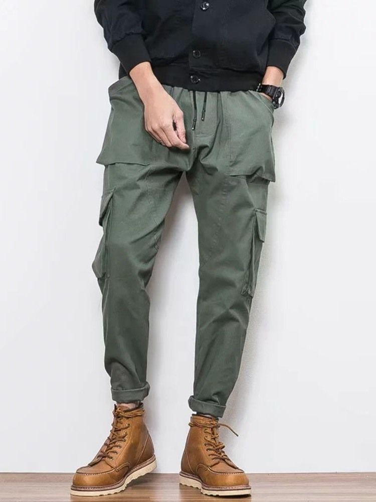 Plain Color Pocket Overall Lace-up Casual Bukser For Menn