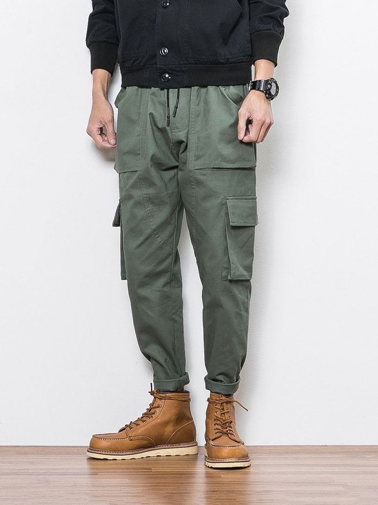 Plain Color Pocket Overall Lace-up Casual Bukser For Menn