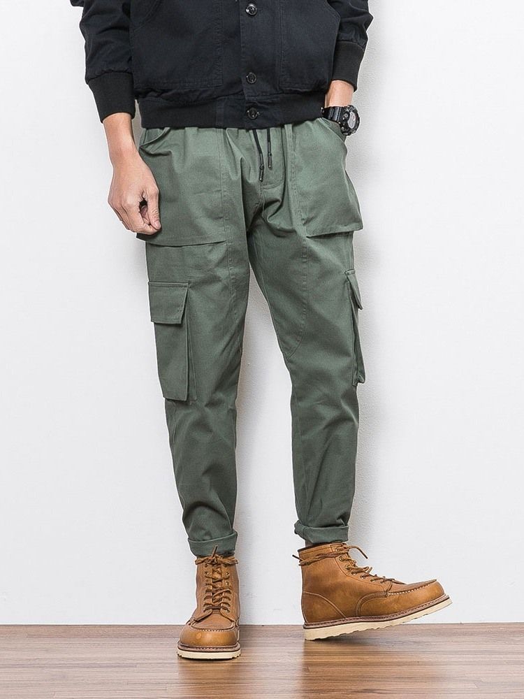 Plain Color Pocket Overall Lace-up Casual Bukser For Menn