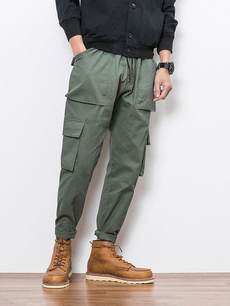 Plain Color Pocket Overall Lace-up Casual Bukser For Menn