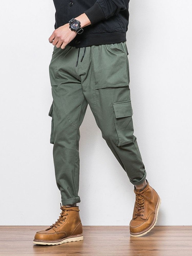 Plain Color Pocket Overall Lace-up Casual Bukser For Menn