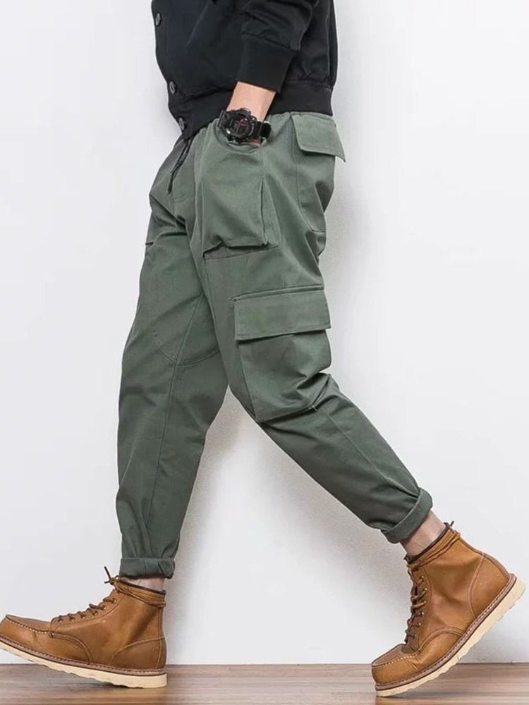 Plain Color Pocket Overall Lace-up Casual Bukser For Menn