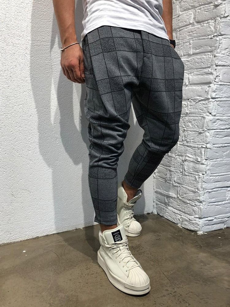 Pocket Plaid Lace-up Mid Waist Herre Casual Bukser