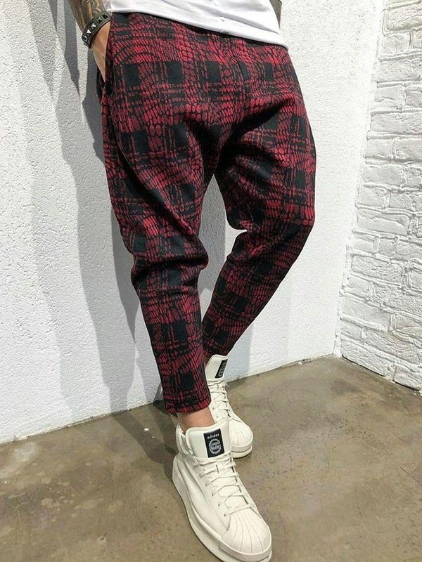 Pocket Plaid Mid Waist Mens Casual Bukser