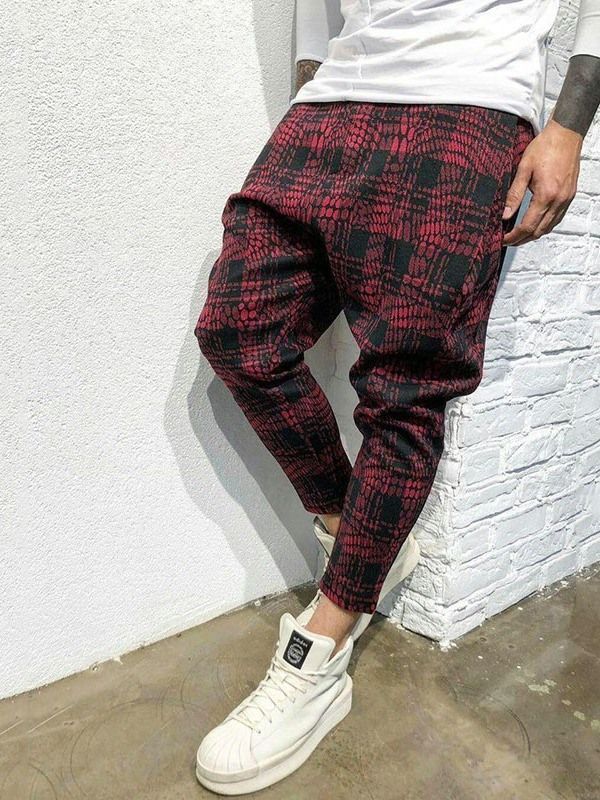 Pocket Plaid Mid Waist Mens Casual Bukser