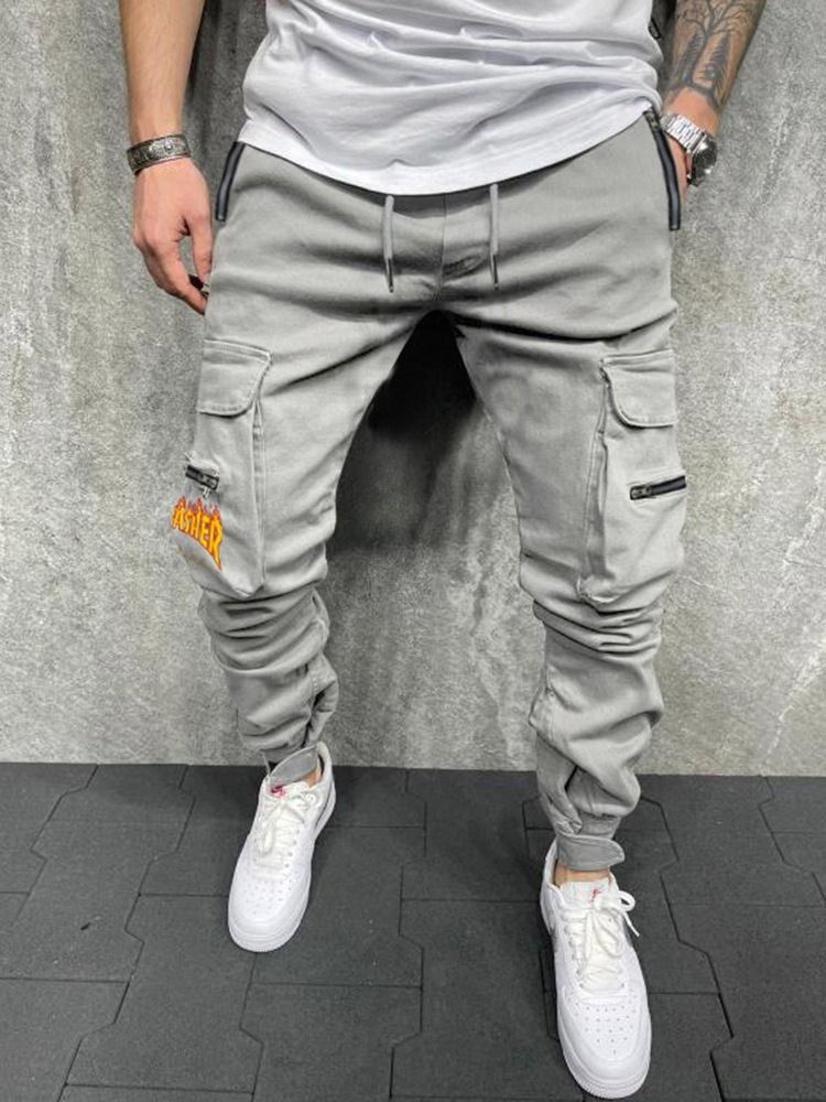 Pocket Plain Mid Waist Herre Casual Pencil Pants