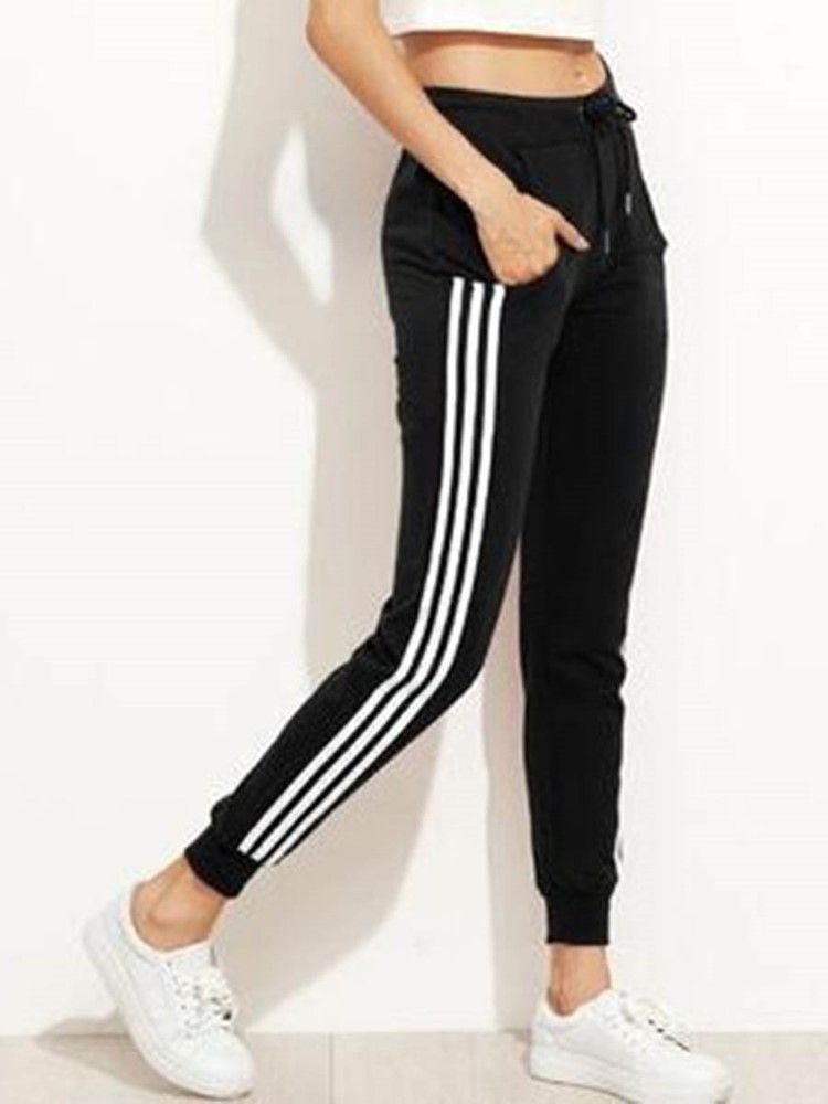 Side Stripe Loose Stripe Elastic Waist Dame Casual Bukser