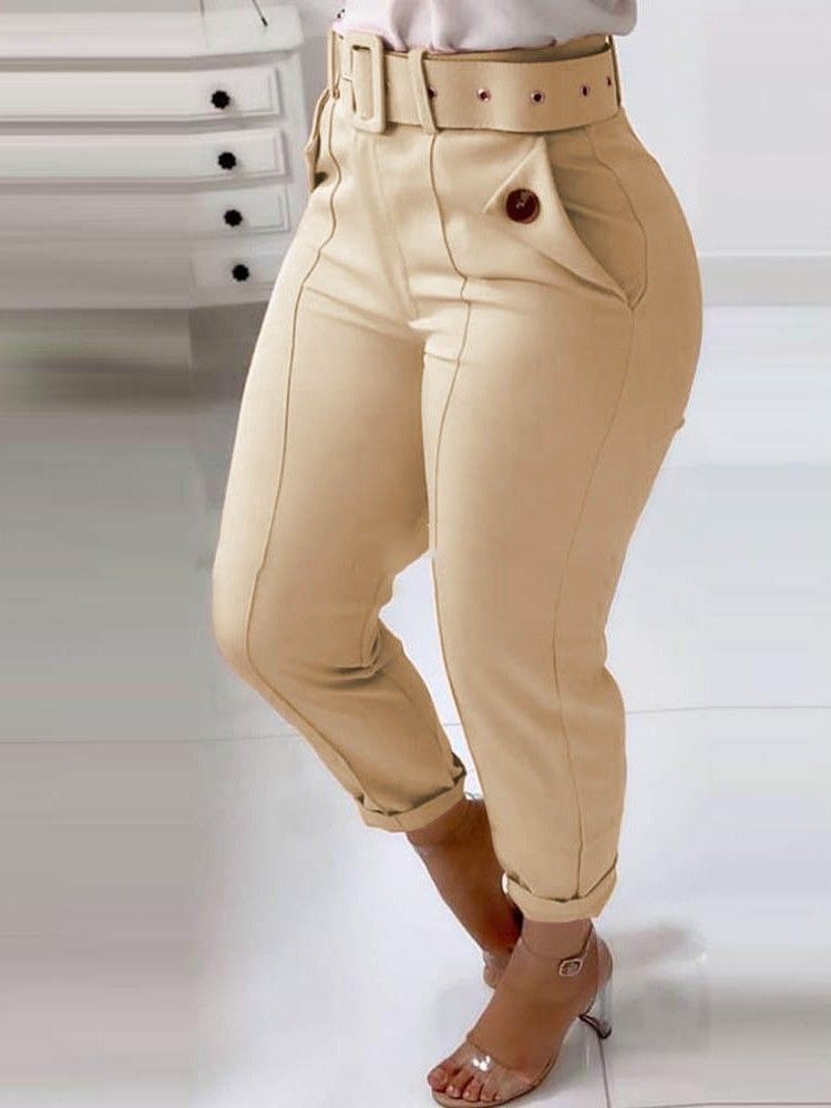 Slim Plain Pencil Pants Mid Waist Casual Dame Pants