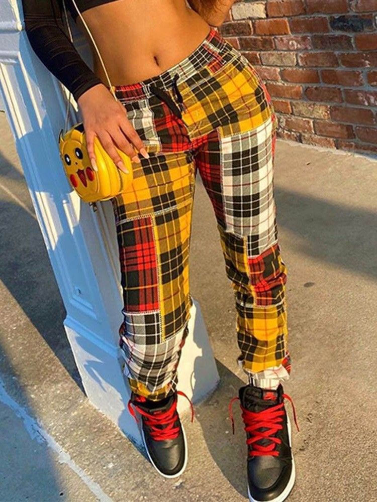 Slim Print Plaid Low Waist Full Length Casual Dame Bukser