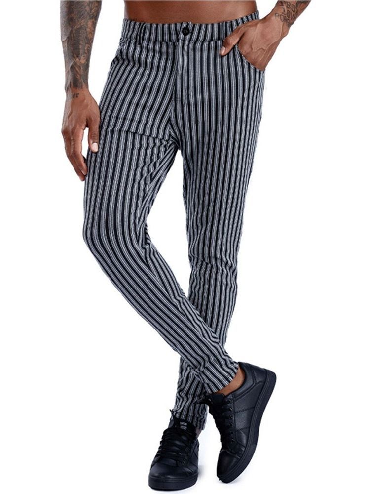 Stripe Pocket Pencil Pants Glidelås Mid Waist Herre Casual Bukser