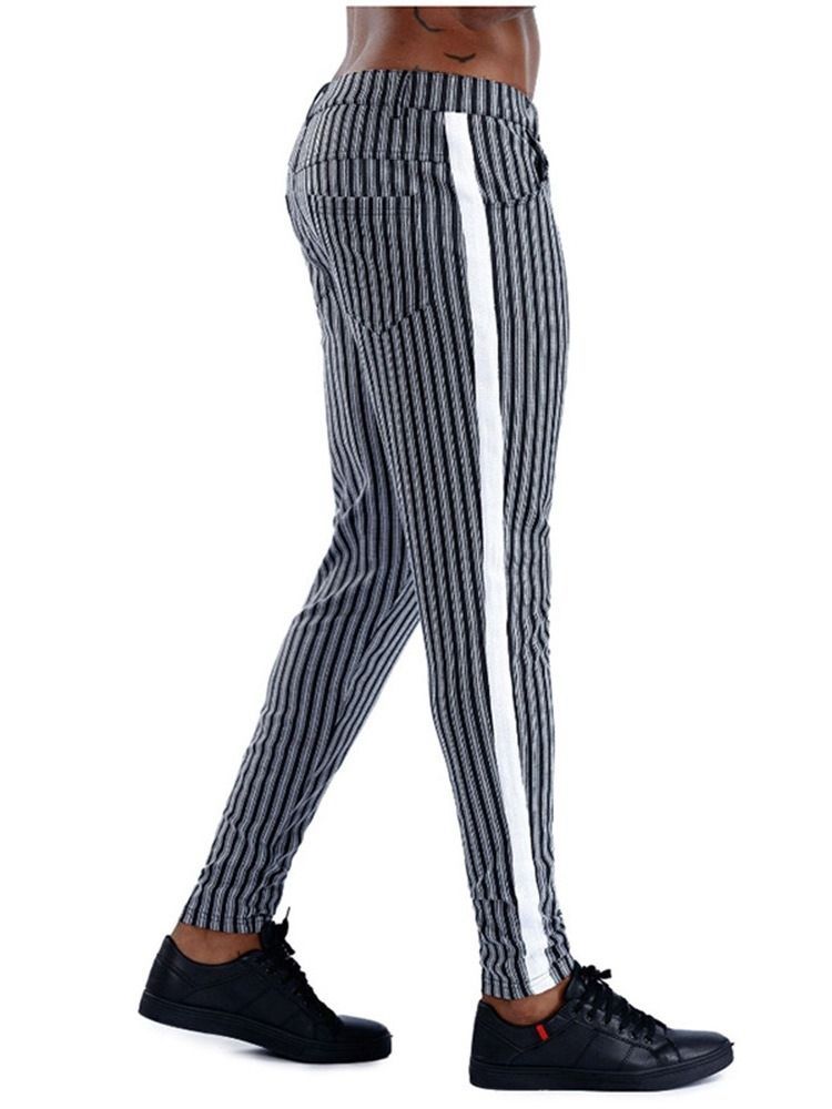 Stripe Pocket Pencil Pants Glidelås Mid Waist Herre Casual Bukser