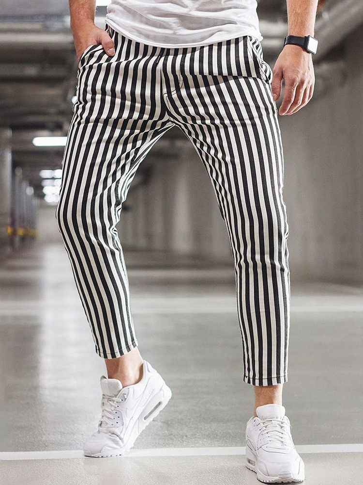 Stripe Print Straight Lace-up Casual Bukser For Menn