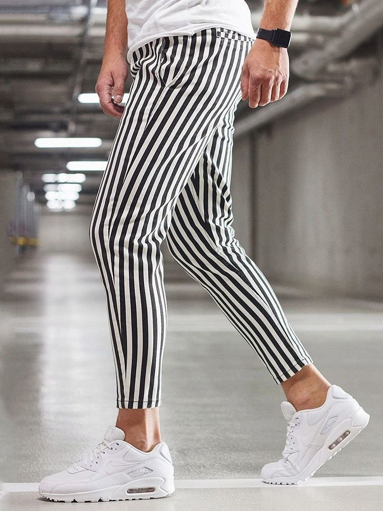 Stripe Print Straight Lace-up Casual Bukser For Menn