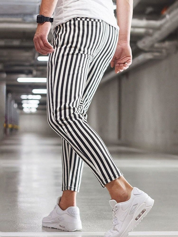 Stripe Print Straight Lace-up Casual Bukser For Menn