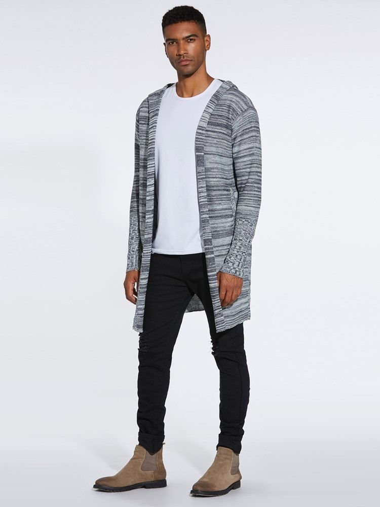 Color Block Hooded Mid-length Herre Casual Cardigan Gensere